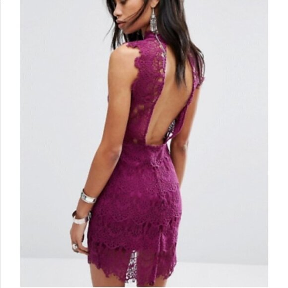 Free People Body Con Lace Open Back Magenta Purple Witchy Dress sz M - Picture 3 of 13